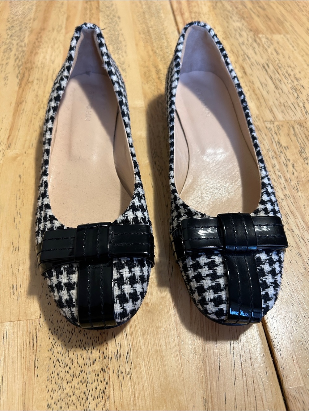 St. John Black & White Houndstooth Ballet Flats with Patent Trim